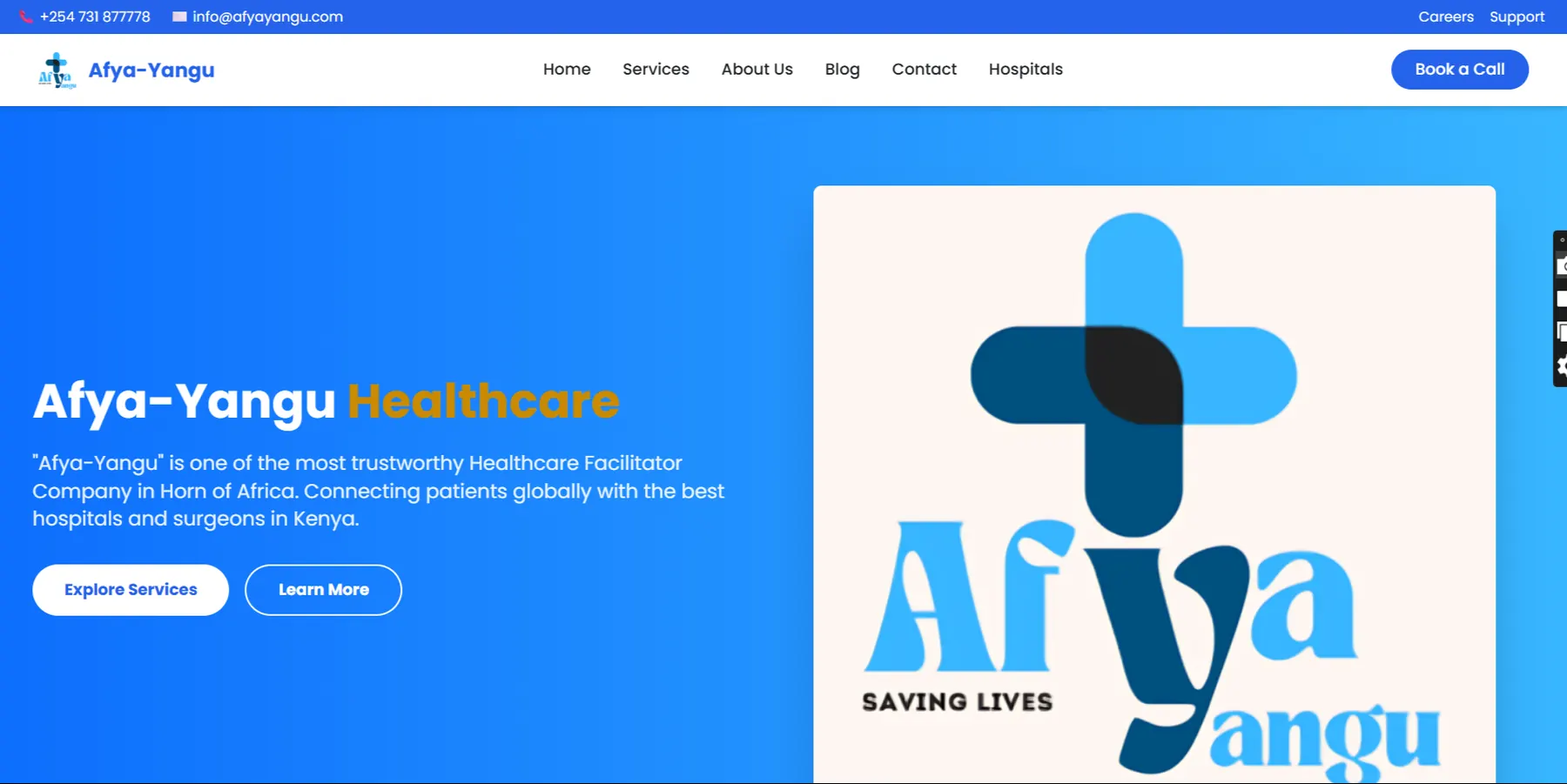 Afya Yangu Hospital website screenshot by FRAZE Creative